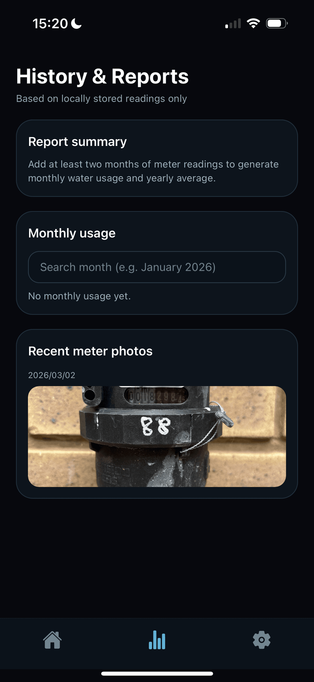 WaterMeterWatch readings history (light mode)