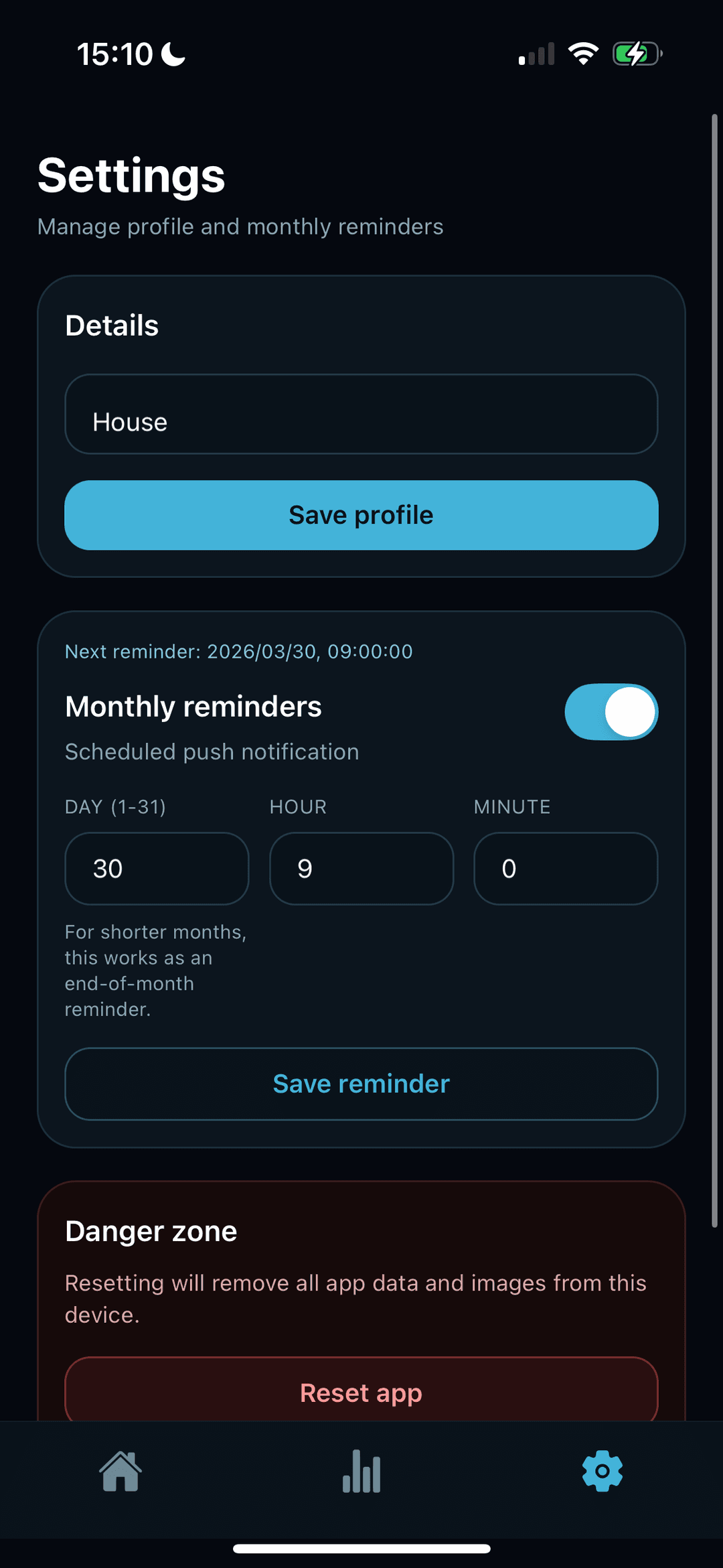 WaterMeterWatch reminder settings (light mode)